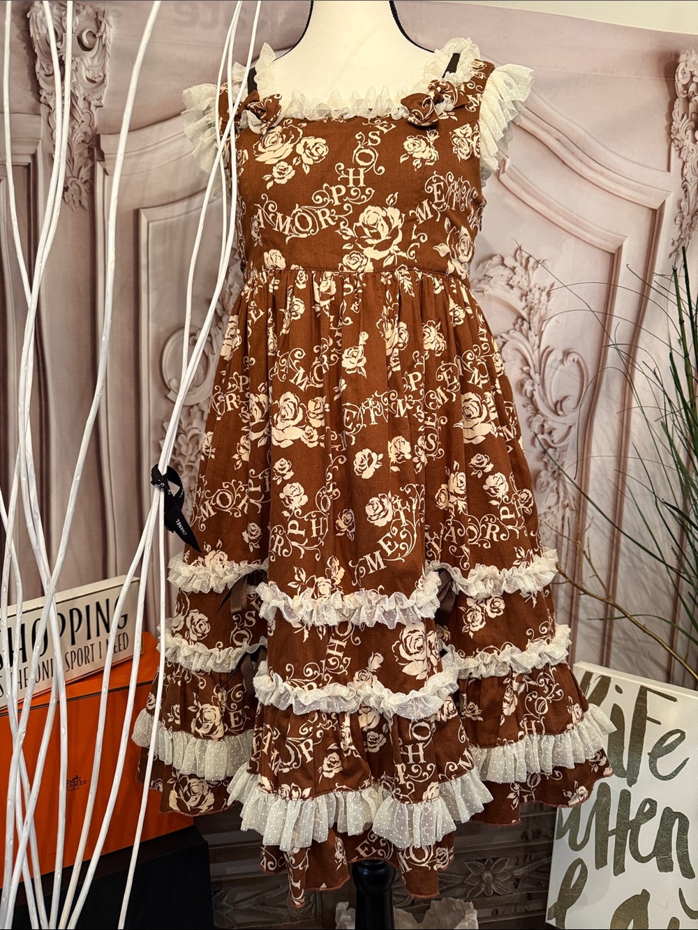 Brown Floral Ruffle Midi Dress with Cream Lace Trim